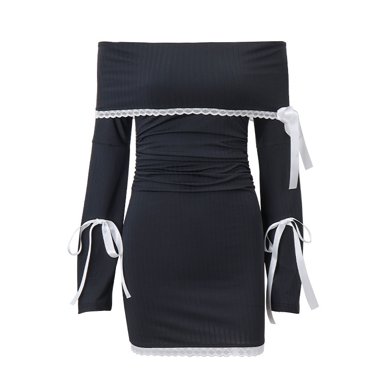 Strapless Sexy Black Dress Women Autumn Off Shoulder Long Sleeves Lace Knitting Bandage Mini Dresses Slim Elegant Club Partywear