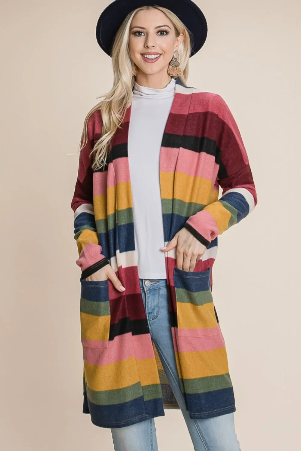 Maxct &BOMBOM Color Block Striped Open Front Cardigan