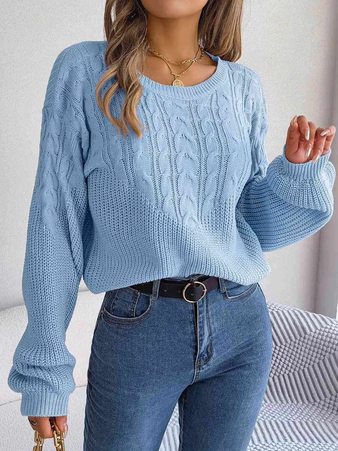 Maxct &Cable-Knit Round Neck Drop Shoulder Sweater