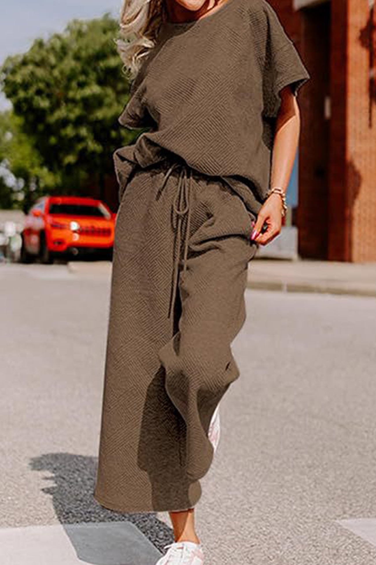 Maxct Solid Textured T-shirt Long Pants Set