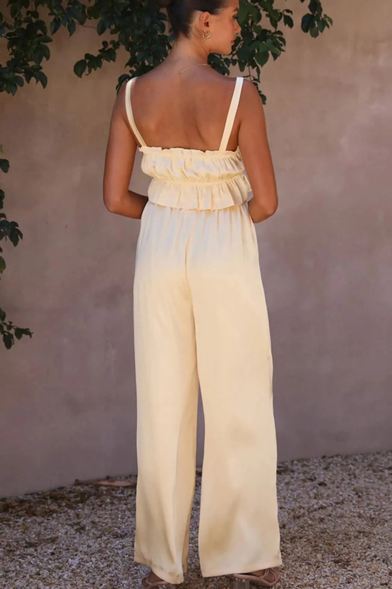 Maxct Smocked Ruffle Cami Crop Top Wide Leg Long Pants Set