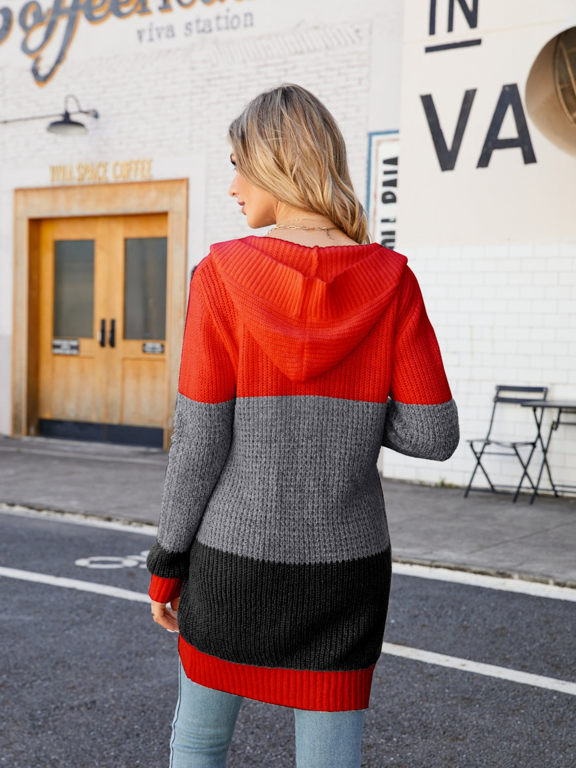 Maxct &Color Block Open Front Hooded Cardigan