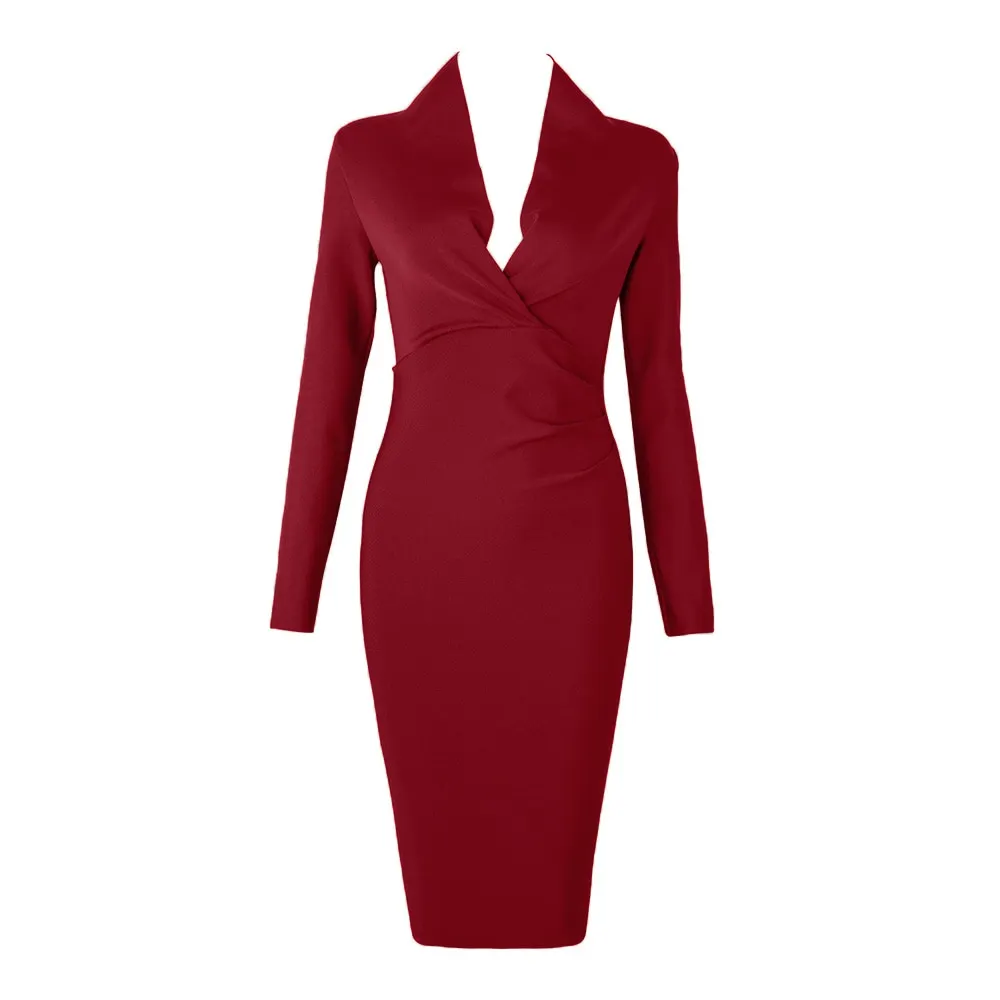 Maxct New Summer Deep V Neck Women Bandage Dress Sexy Full Sleeves Solid Celebrity Bodycon Club Evening Midi Party Dress Vestidos