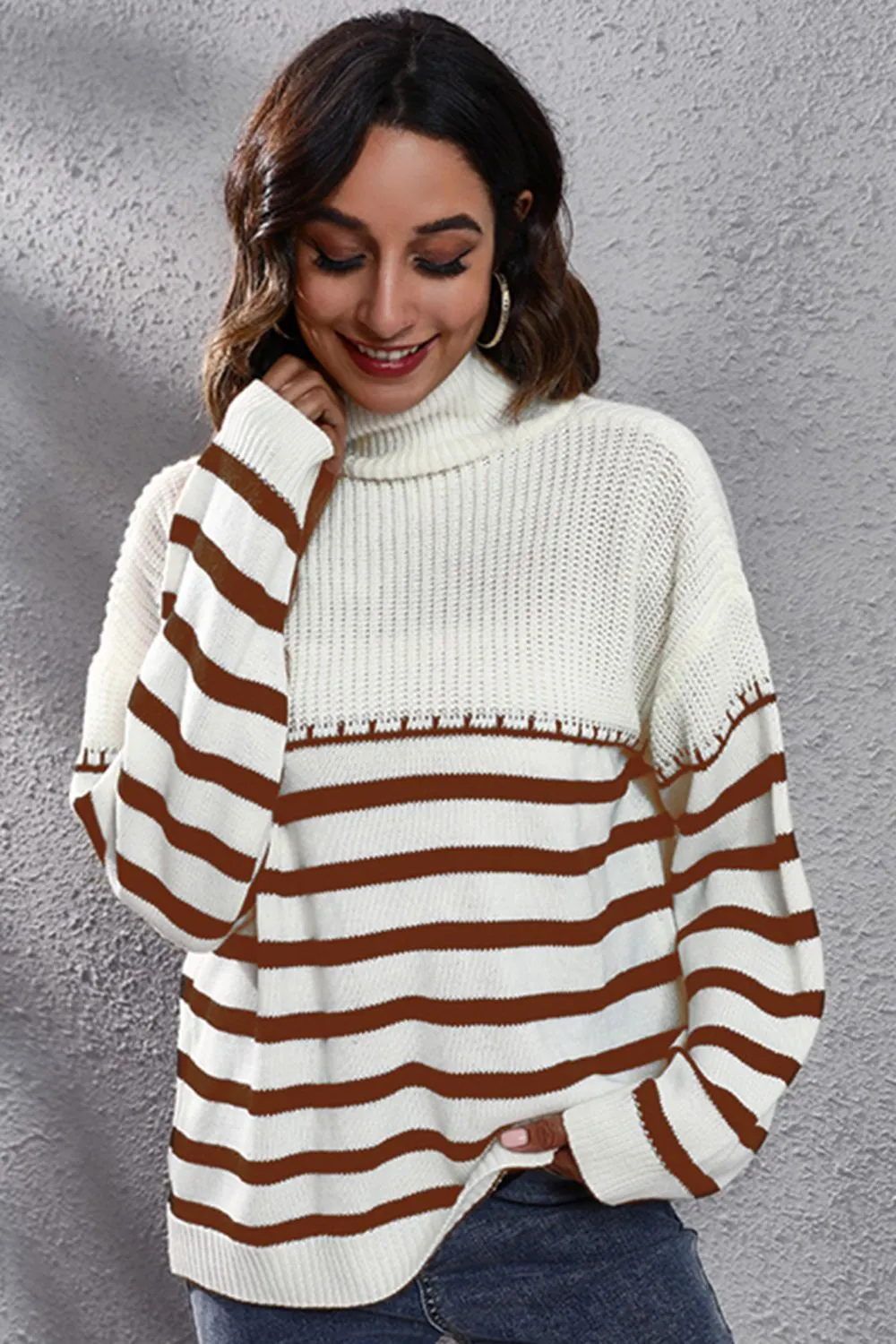 Maxct &Striped Turtleneck Drop Shoulder Sweater