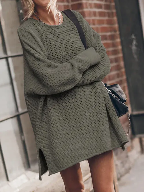 Maxct &Openwork Round Neck Long Sleeve Slit Sweater