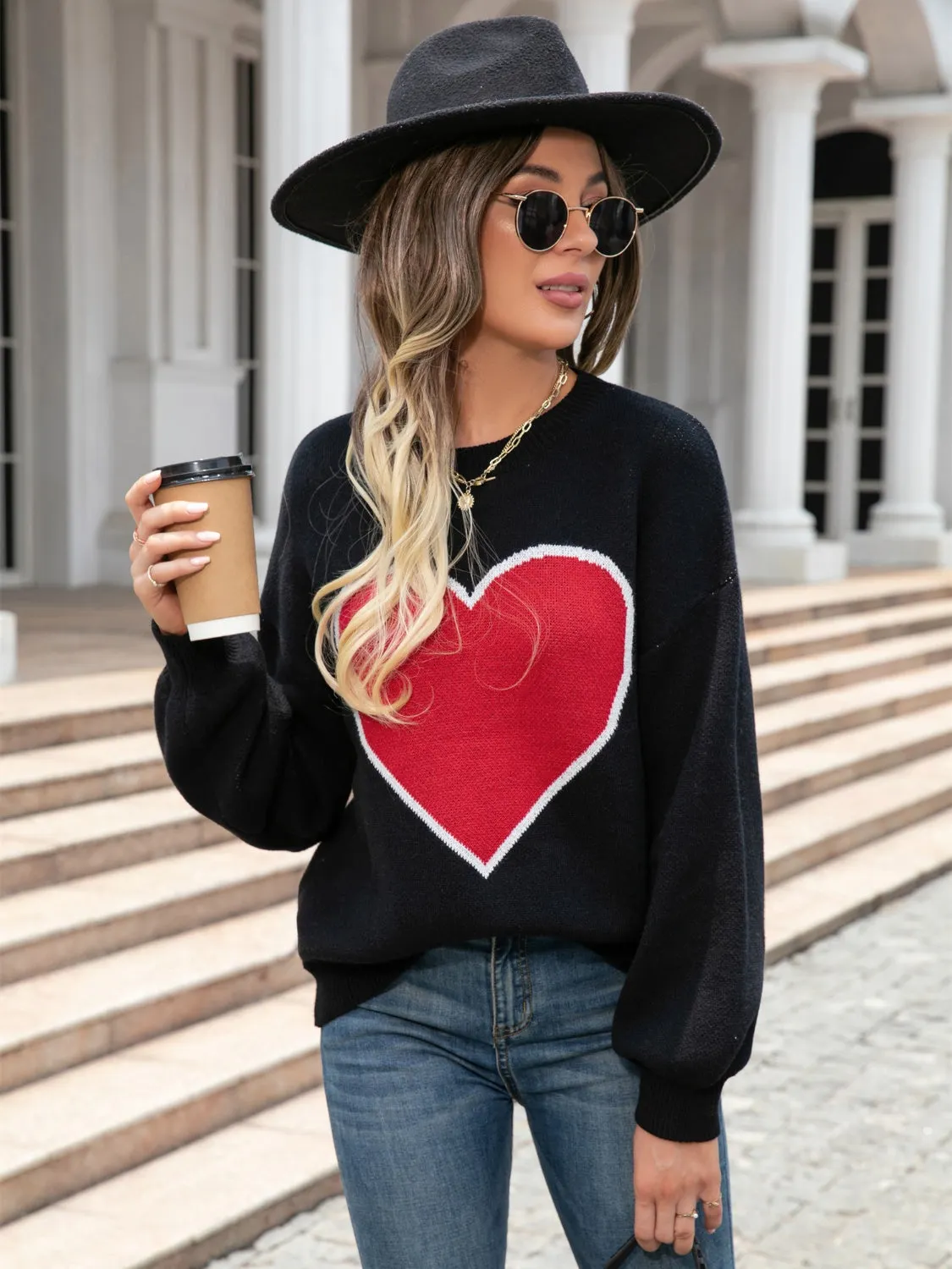Maxct &Heart Graphic Round Neck Sweater