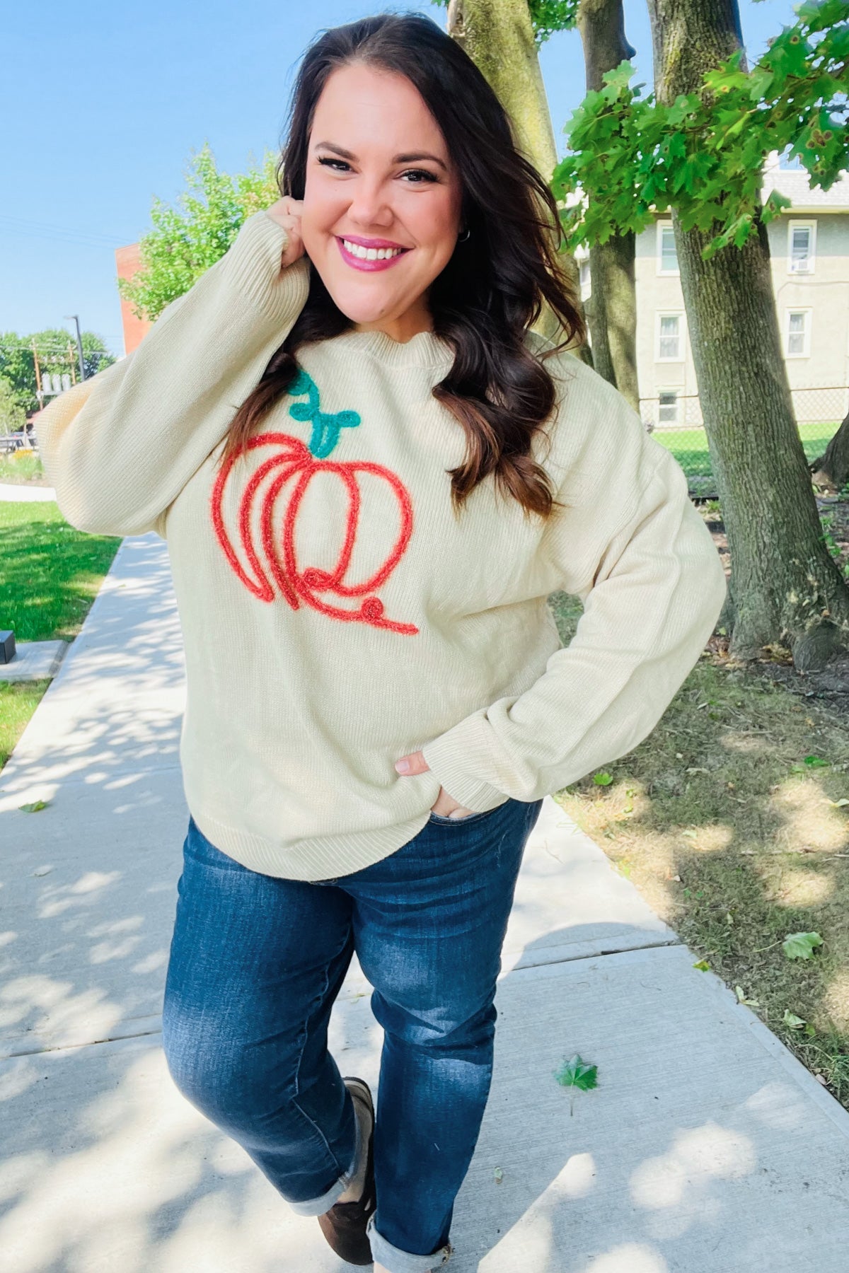Maxct &Pumpkin Spice Metallic Yarn Embroidered Oversized Sweater