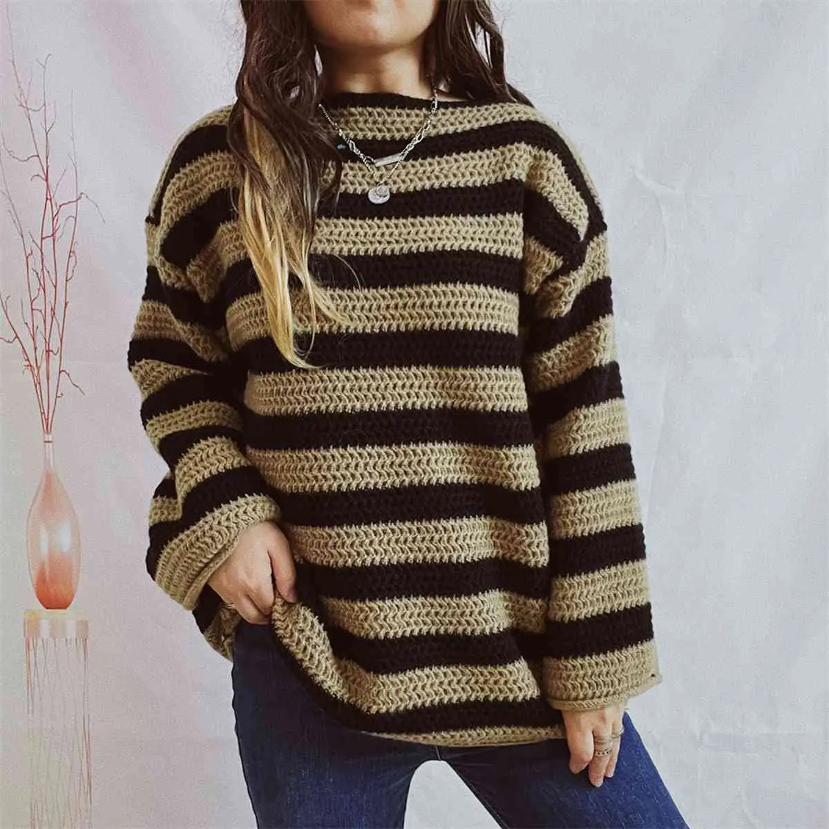 Maxct &Striped Round Neck Long Sleeve Sweater