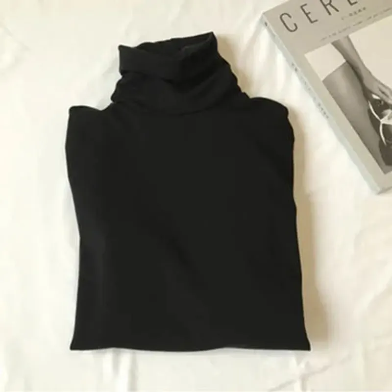 Maxct T-Shirts Women Long Sleeve Striped Solid Turtleneck Bottoming Shirt Korean Fashion All-Match Simple Loose Soft Tops New