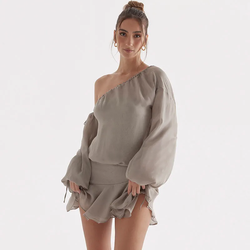 Chiffon Ruffle Hem Bishop Sleeve One Shoulder Mini Dress - Gray Maxct