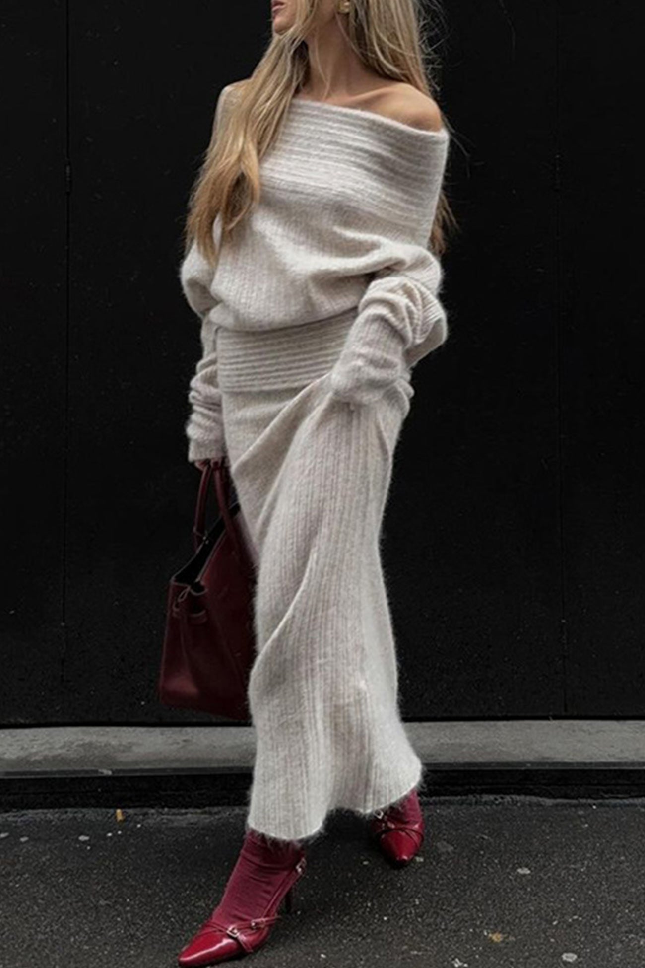 Maxct-Off-Shoulder Sweater Midi Skirt Suits