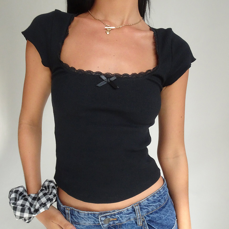 Kawaii Lace Trim T-shirt Chic Vintage Short Sleeve Rib Knitted Tees Shirt Elegant Women Fairy Cottage Y2K Crop Tops Clothes