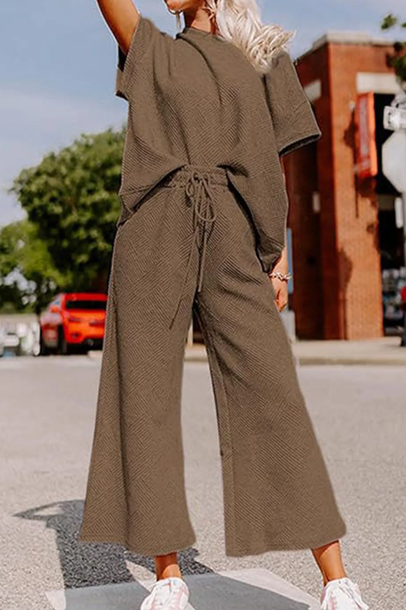 Maxct Solid Textured T-shirt Long Pants Set