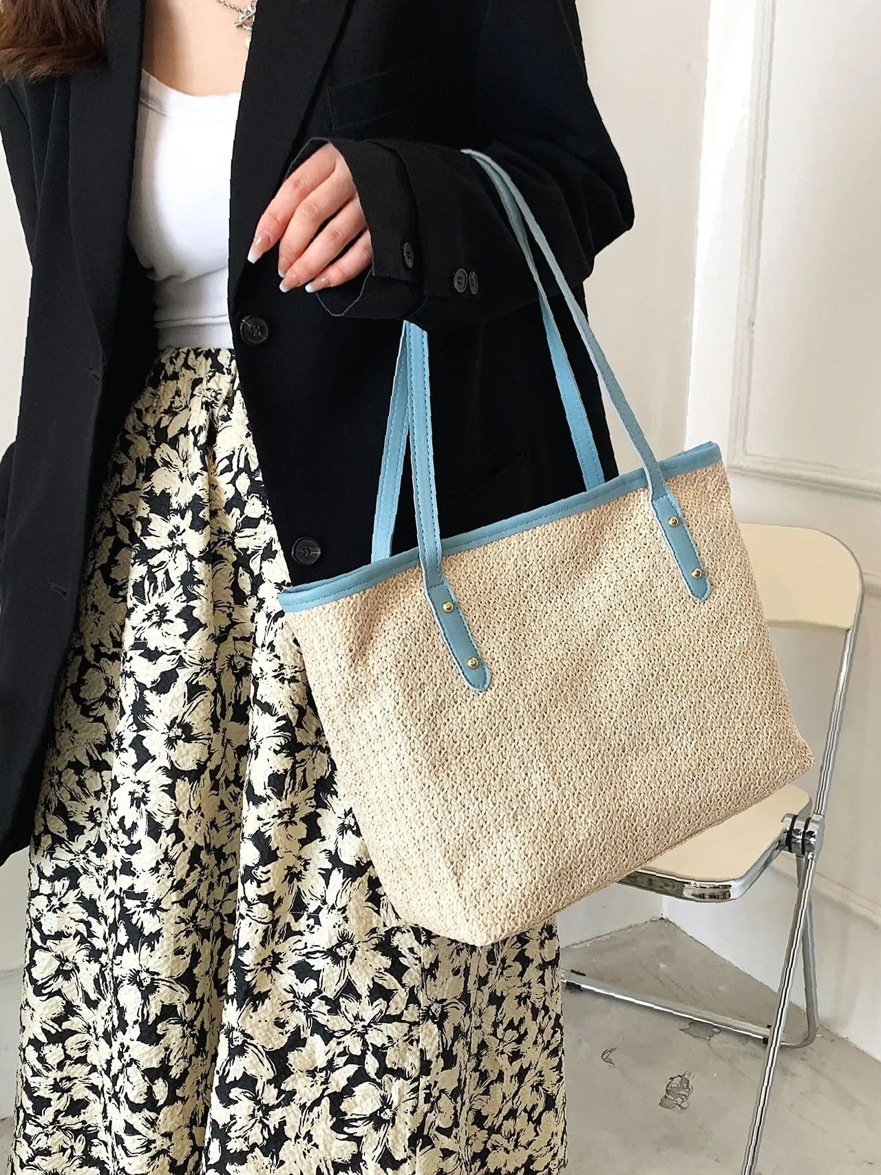 Maxct - Studded Decor Contrast Binding Straw Bag  - Women Tote Bags