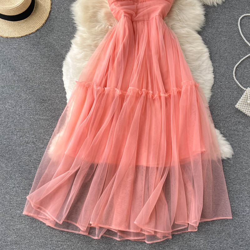 Women's Sexy Mesh Spaghetti Strap Long Dress Summer Orange/Purple/Blue/Pink Ruffle A-Line Beach Robe Female Elegant Party Vestidos