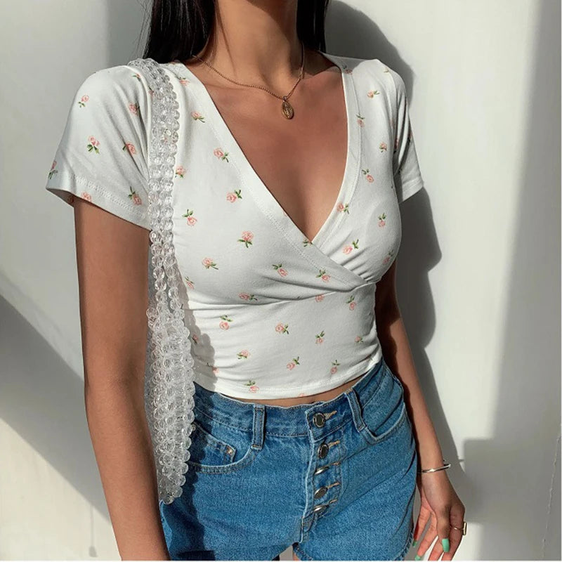 Maxct Y2K Vintage Floral Cross Crop Top T-shirt Women Cropped Slim Short Sleeve V-neck Sexy Summer Clothes Tee Shirt Femme Woman Tops