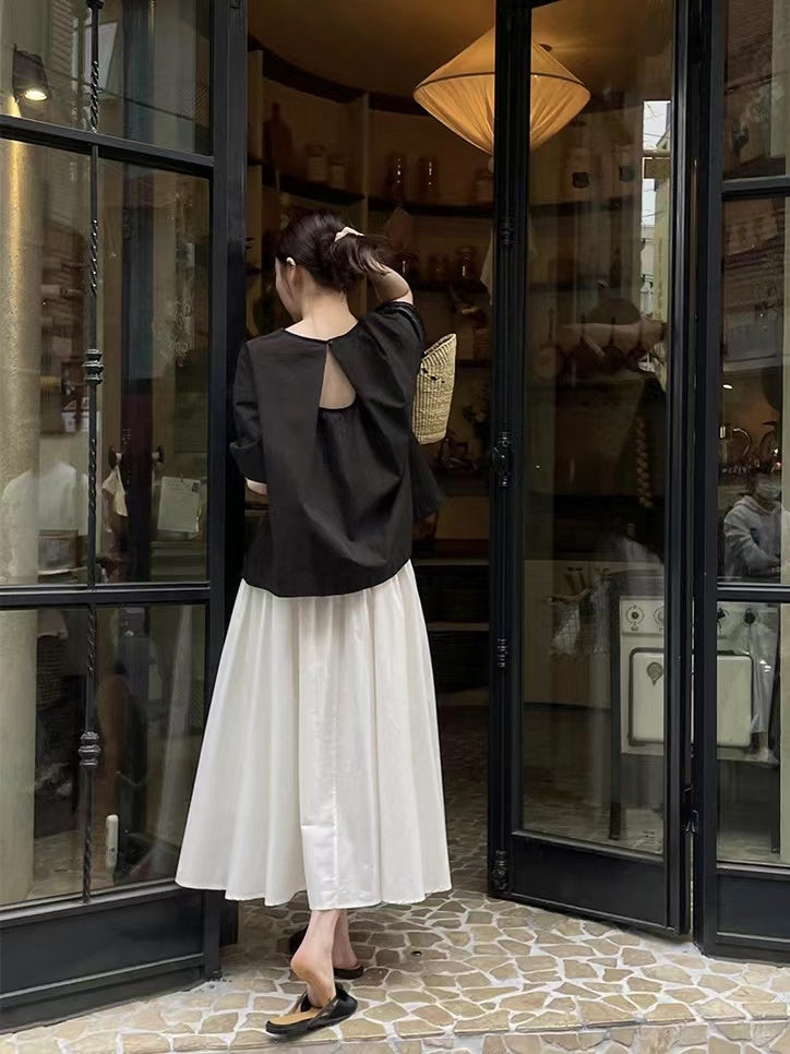 Maxct Back Hollow Round Neck Simple T-Shirt