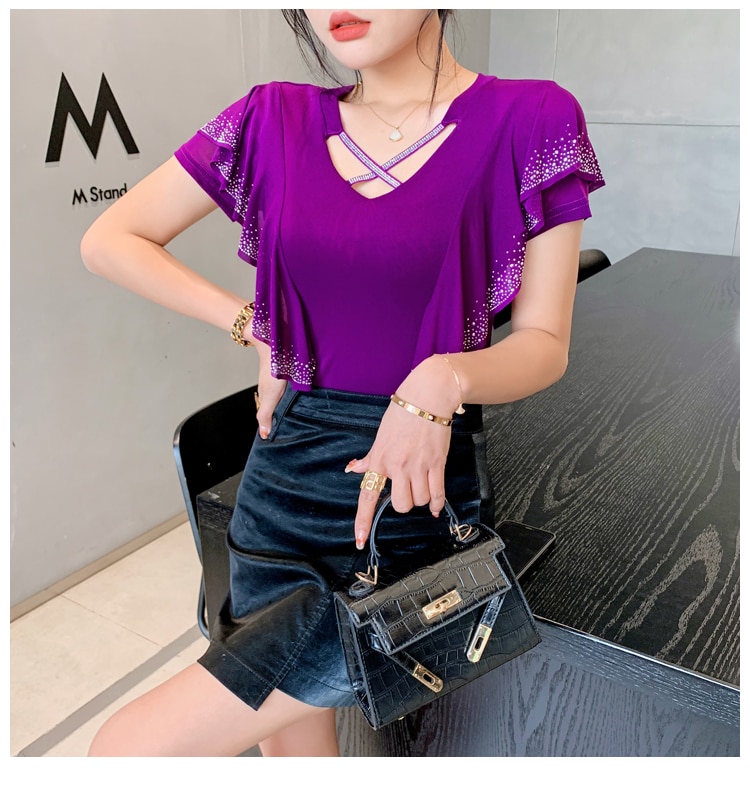 Maxct Ruffles Mesh T Shirts Women's Short Sleeve Fake Diamonds Crossed V Neck T-shirts Female Elegant Tops Tees BH6038