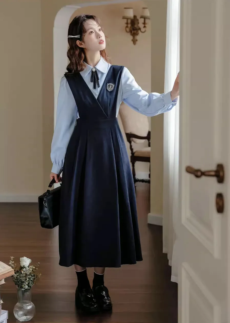 Corduroy Suede Midi Pinafore Dress & Blouse Set Maxct