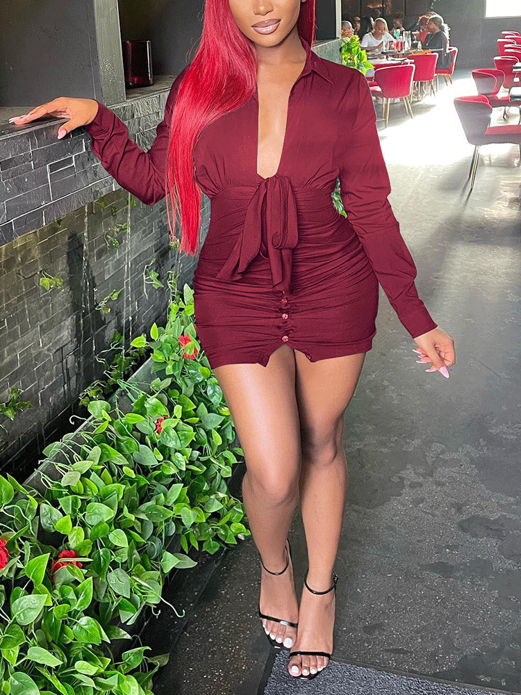 Deep V-neck Front Tie Mini Dress Maxct