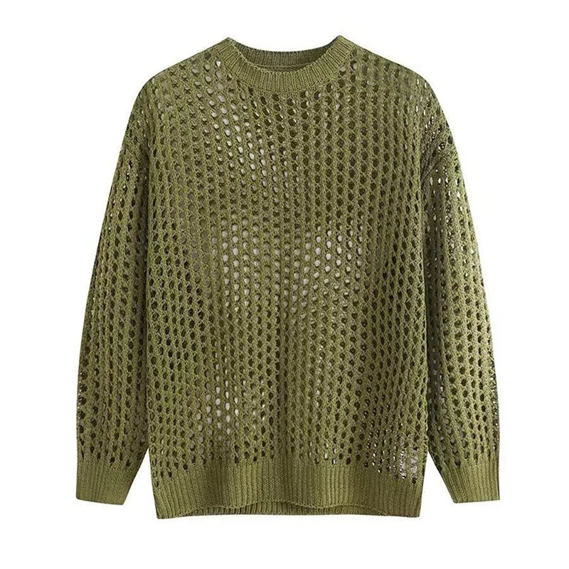 Maxct Summer Y2K Vintage Hollow Out Loose Knitting T-shirt Man All Match Geometic Tops Fashion Casual Outfits See-though Male Pullover