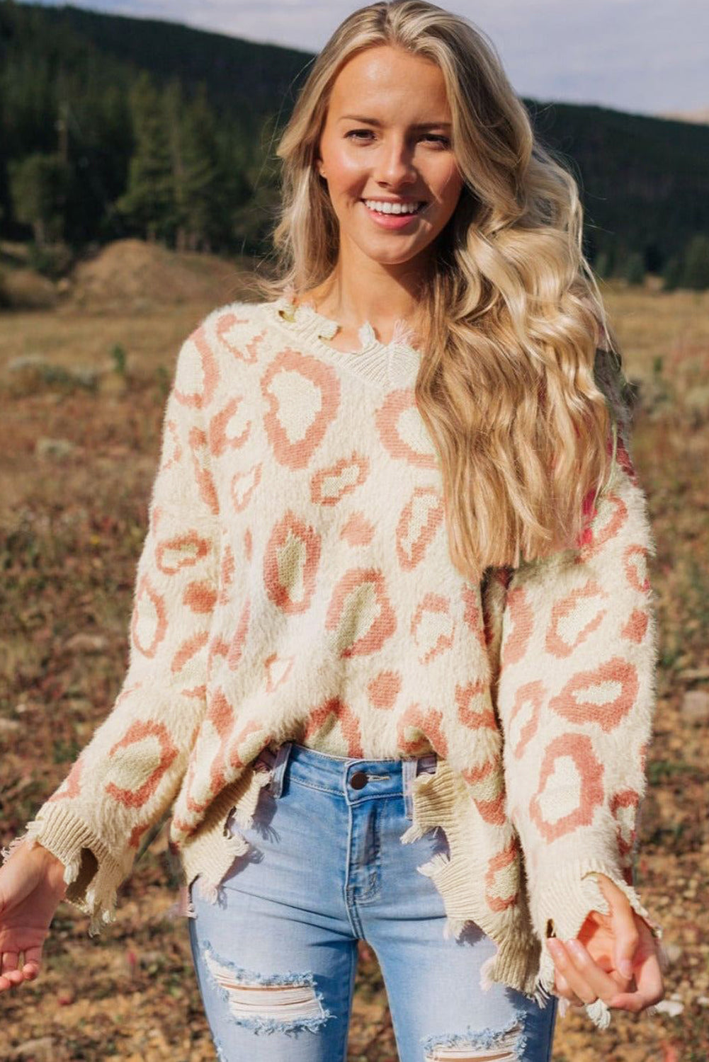 Maxct &Distressed Trim Leopard V-Neck Sweater