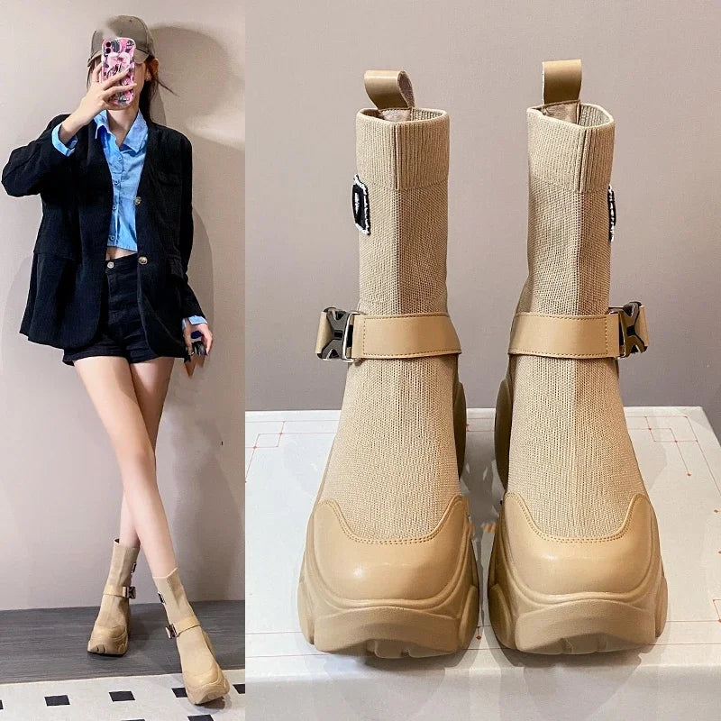 Platform Knitted Slip on Boots for Women Maxct