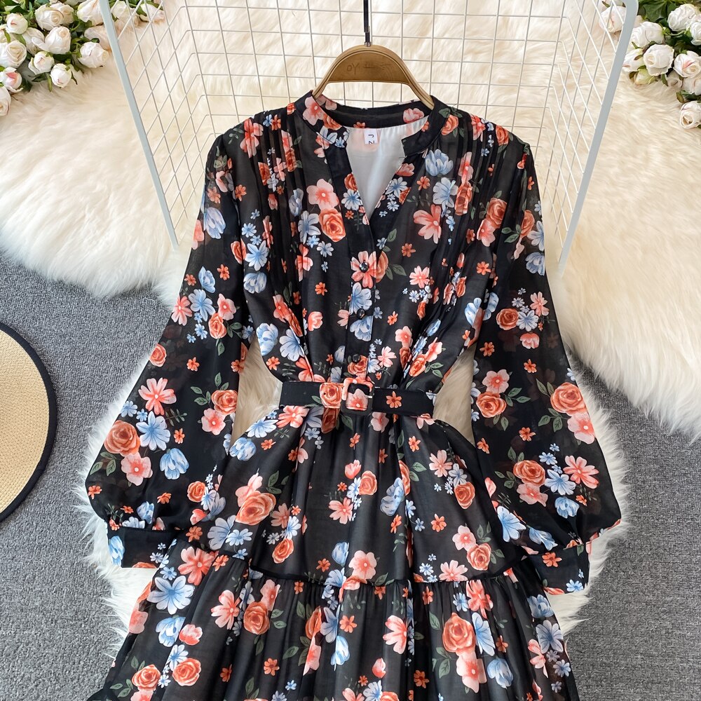 Floral Midi Dress Women Elegant V-Neck Lantern Long Sleeve High Waist Draped A-Line Casual Vestidos Female Spring Autumn