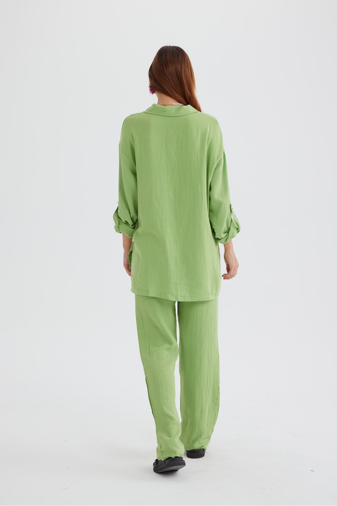 Maxct Long Sleeve Pocketed Slit Shirt Long Pants Suits