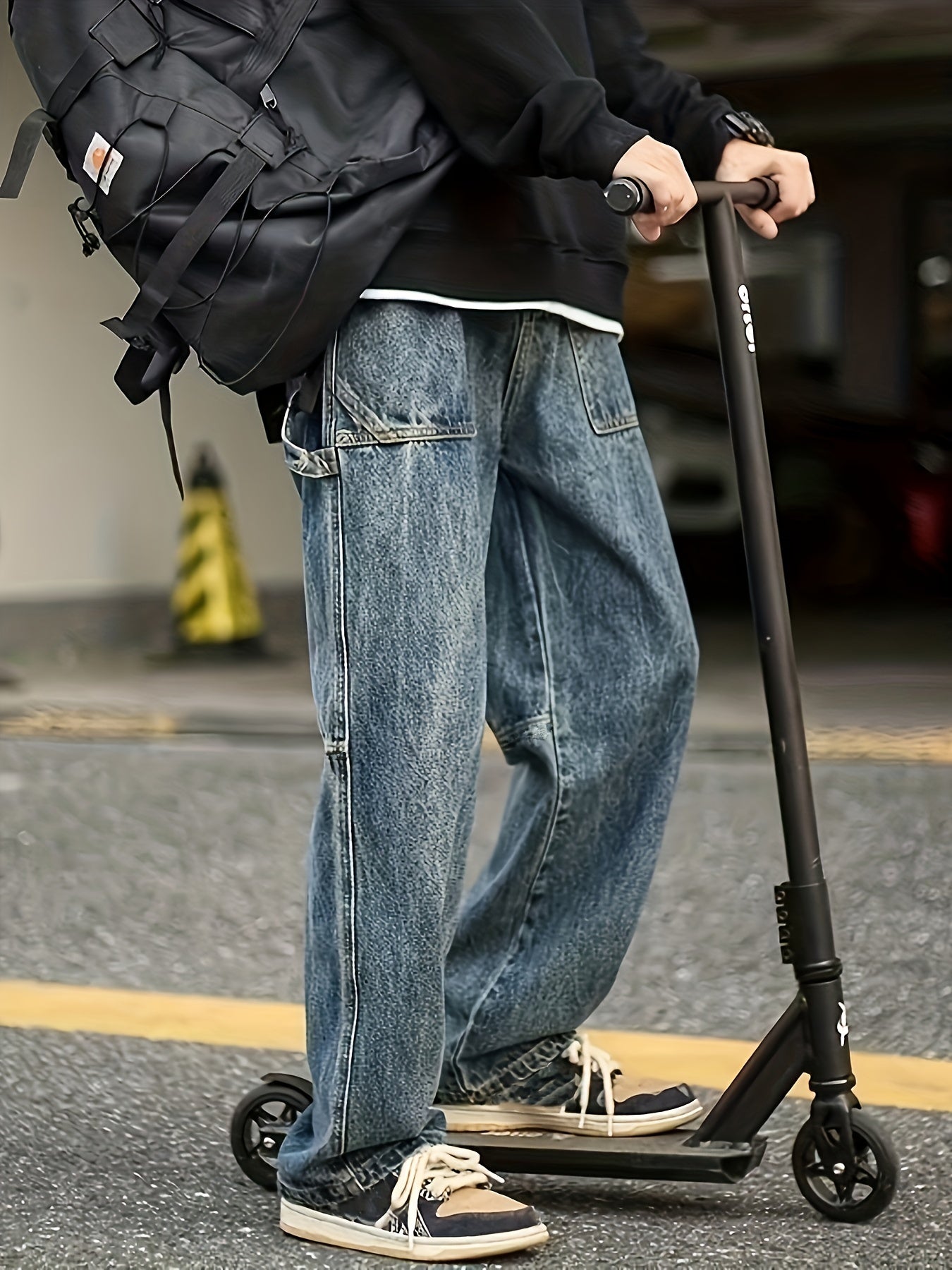 Maxct  Wide Leg Cotton Jeans, Men's Casual Street Style Patchwork Denim Pants For Spring Summer