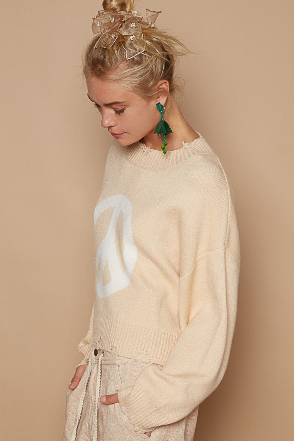 Maxct &POL Round Neck Long Sleeve Peace Sign Sweater