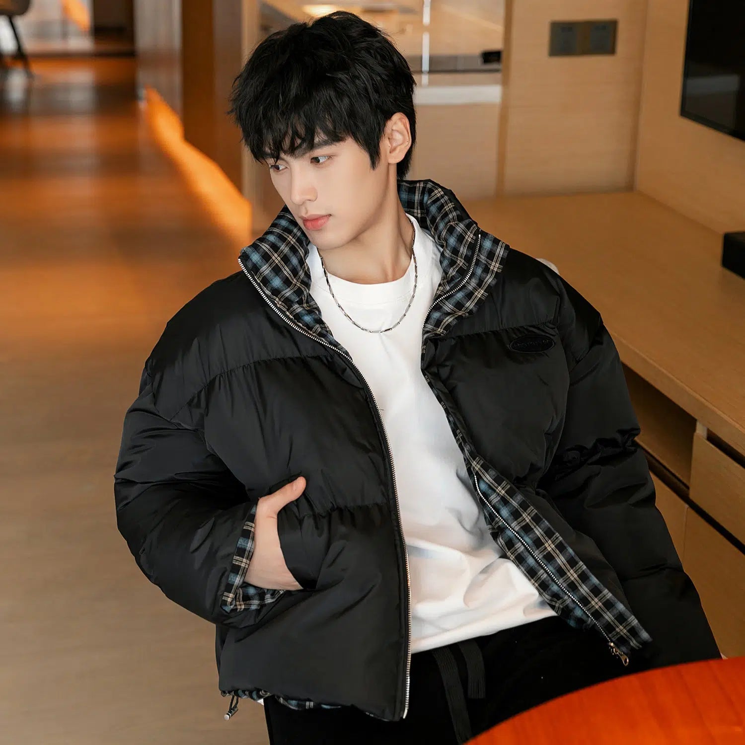 Maxct Short Double-Side Plaid Puffer Jacket