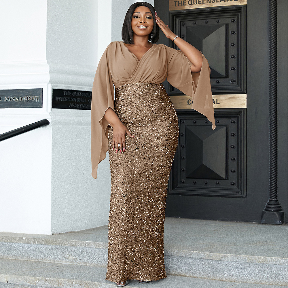 Maxct Plus Size Elegant Sexy Long Sequined V-neck Long Sleeve Banquet Evening Dress Bridesmaid Dress Dress Women