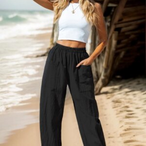 Cotton Linen Solid Color Elastic Wasit Pocket Harem Pants