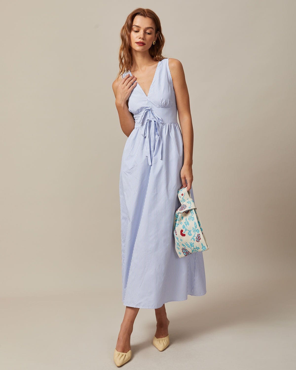 Maxct The Blue V Neck Shirred Striped Maxi Dress