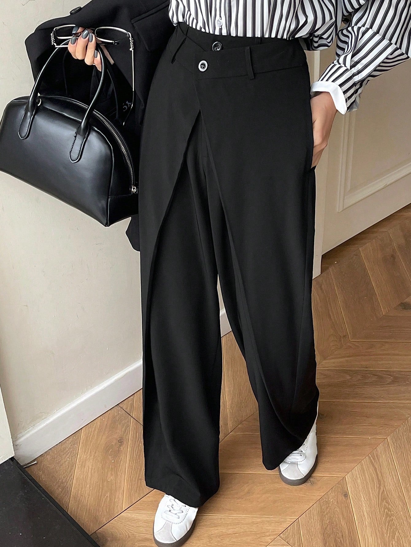 Maxct Solid Color Pleated Casual Straight Suit Pants
