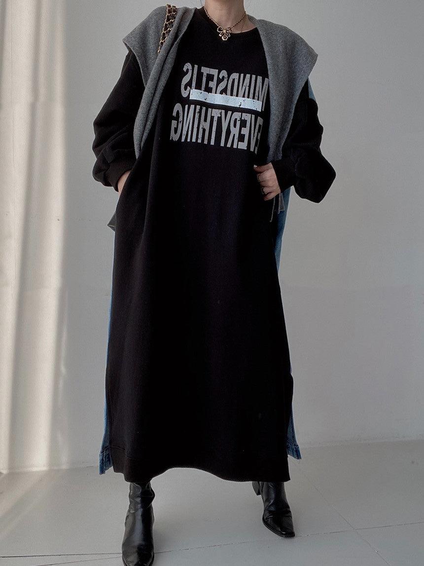 Maxct Simple Letter Print Denim Splt-joint Long Sleeve Sweatshirt Dress