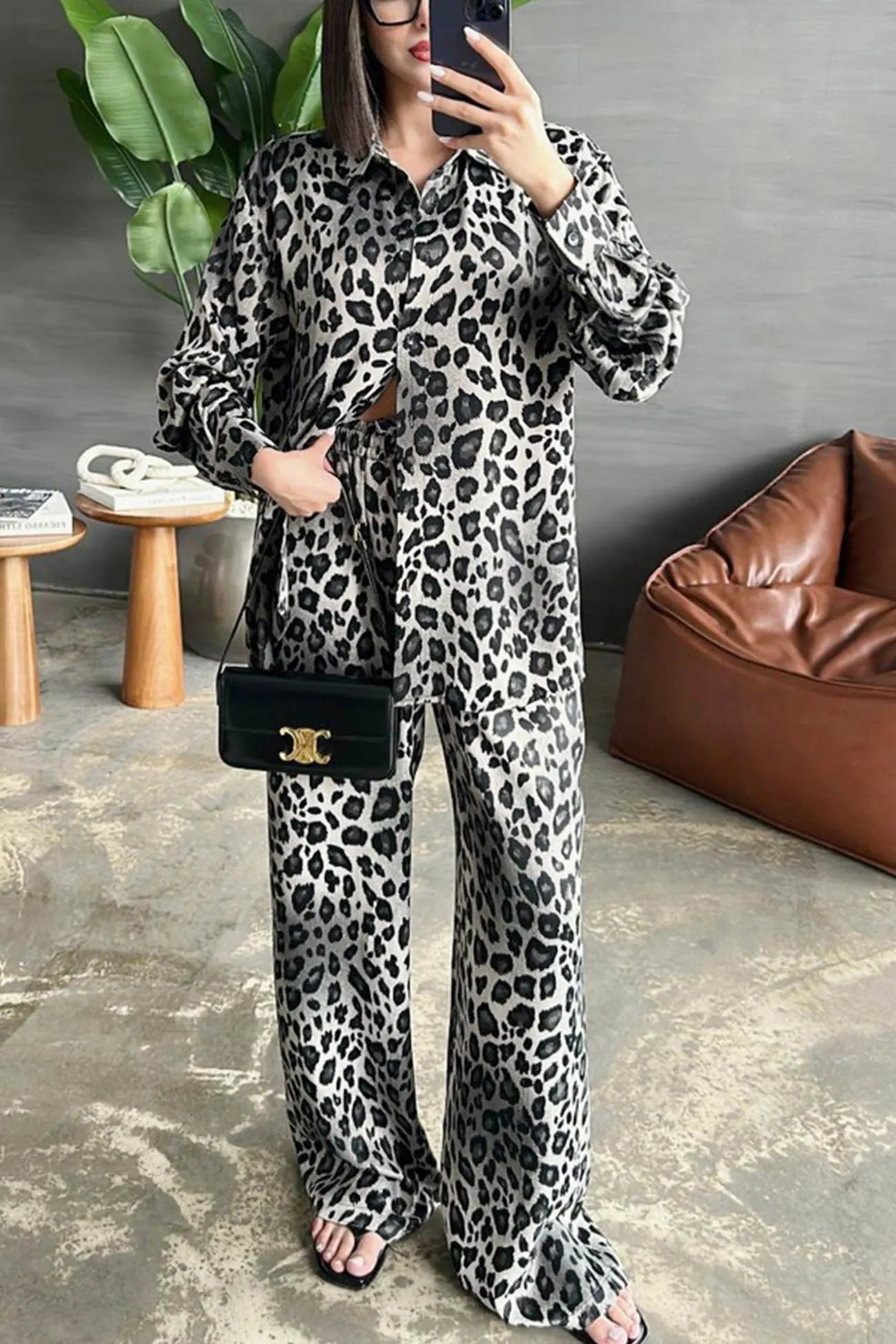 Maxct Leopard Print Long Sleeve Blouse Set