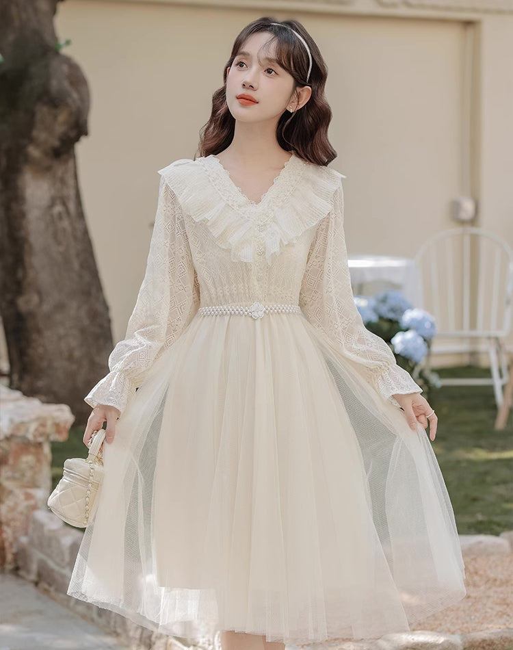 V-Neck Lace & Tulle Midi Dress Maxct