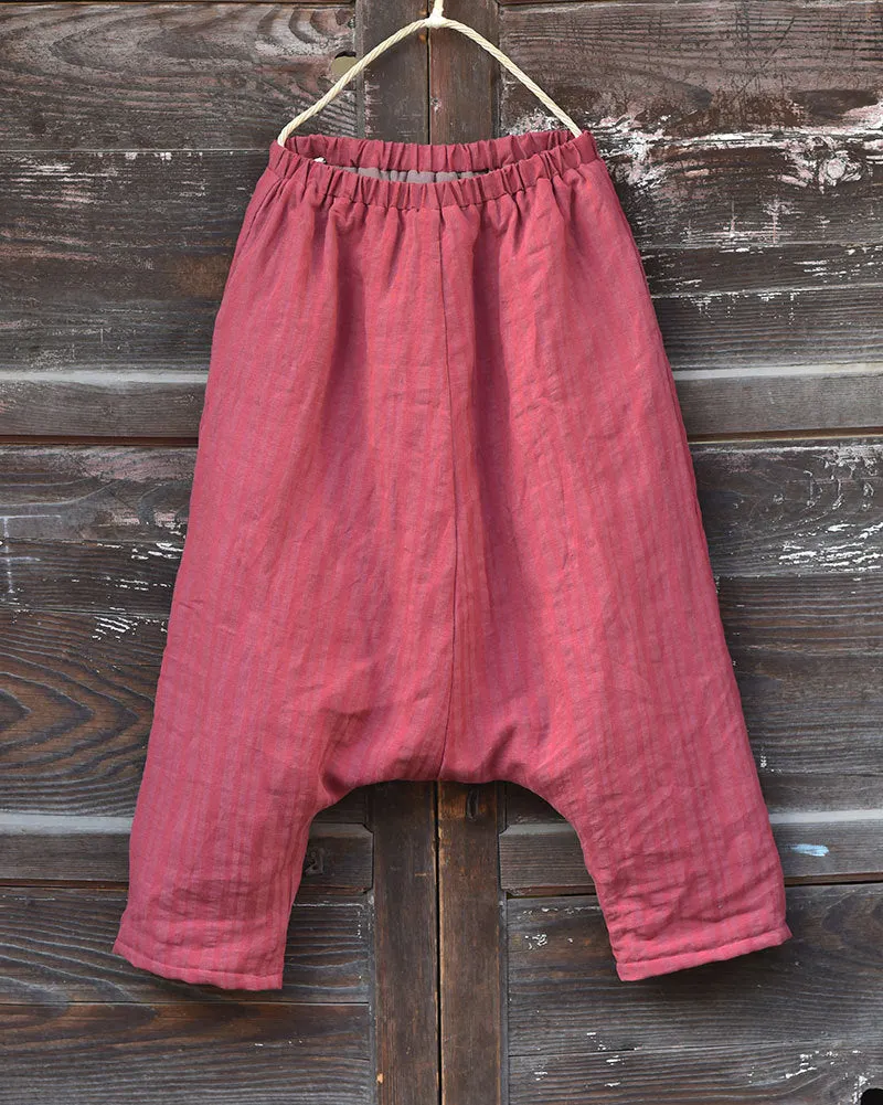 Women Striped Warm Drop-Crotch Cotton Linen Pants