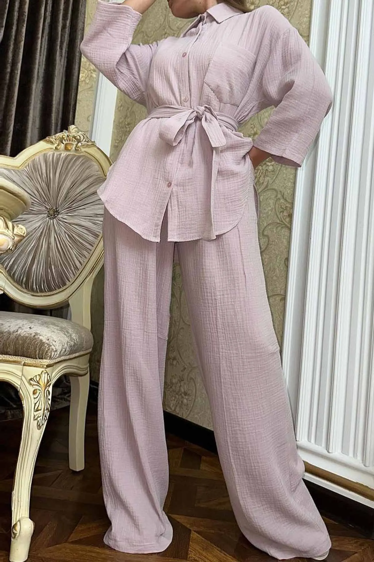 Maxct Button Belt Wide Leg Pants Two-piece Set