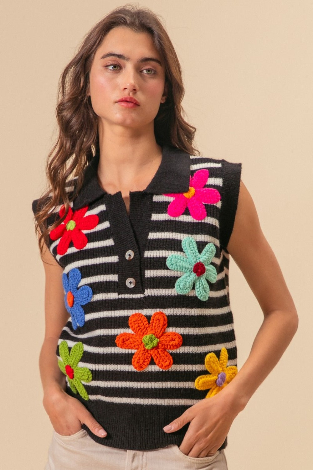 Maxct &BiBi Flower Patch Striped Half Button Sweater Vest
