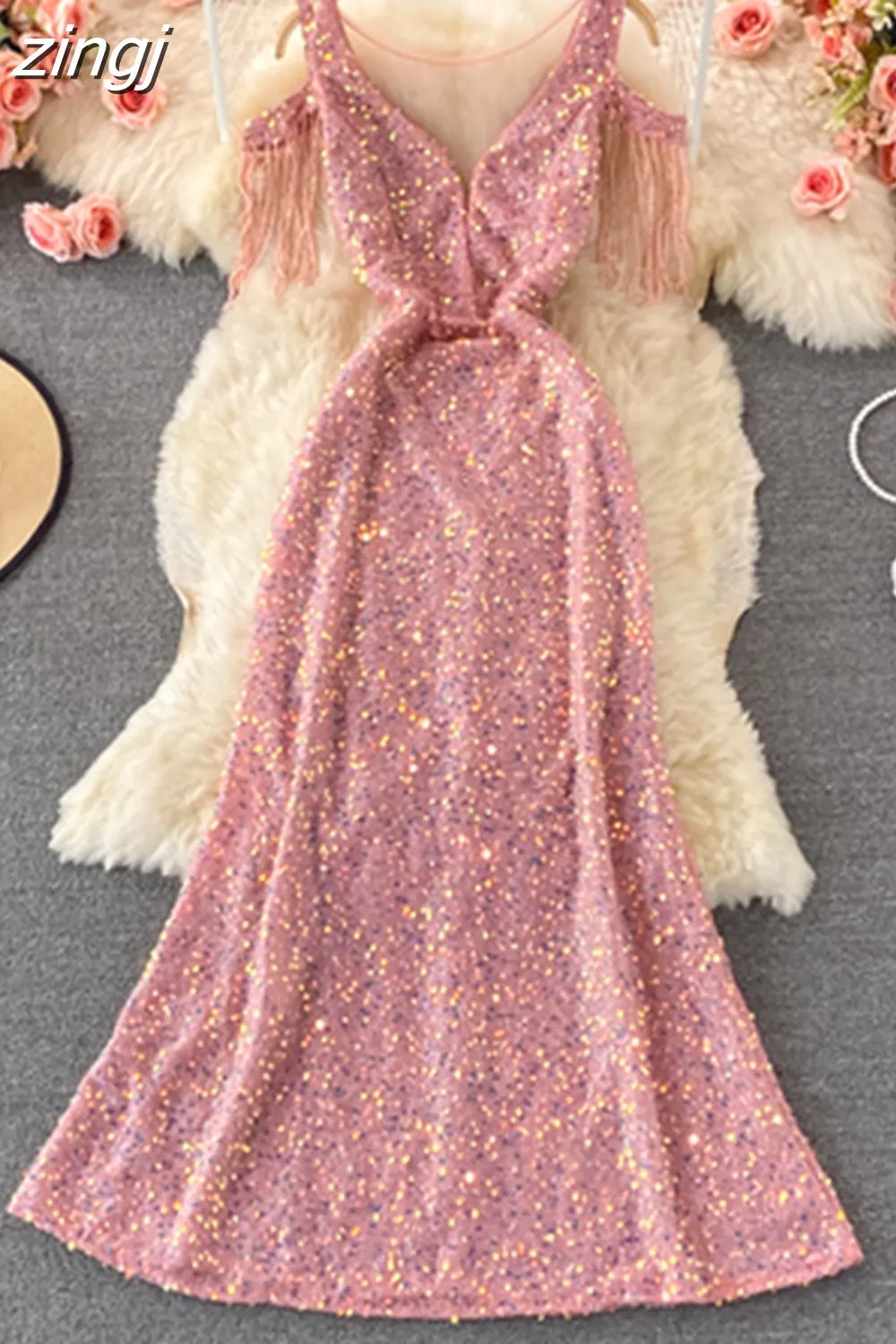 Maxct Sequins Party Maxi Dress For Women Sexy V-Neck Short Sleeve High Waist Tassel Long Robe Female Elegant Vestidos