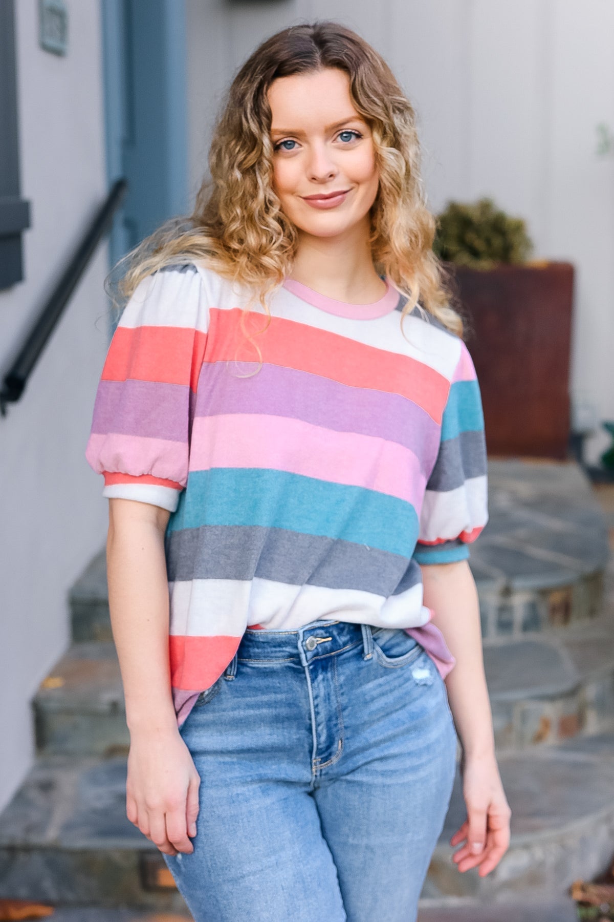 Maxct &Look Out Teal & Rose Striped Hacci Knit Puff Sleeve Top