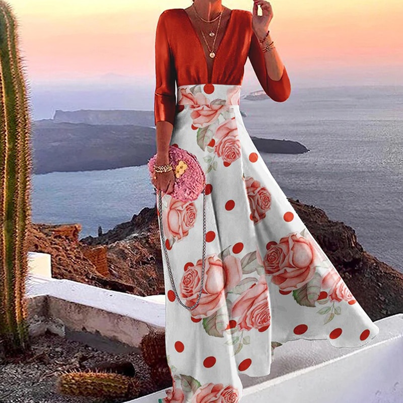 Maxct Summer Autumn Long Dress Fashion Retro Floral Print Sleeveless Holiday Dress Sexy Women Deep V Neck Elegant Party Dress