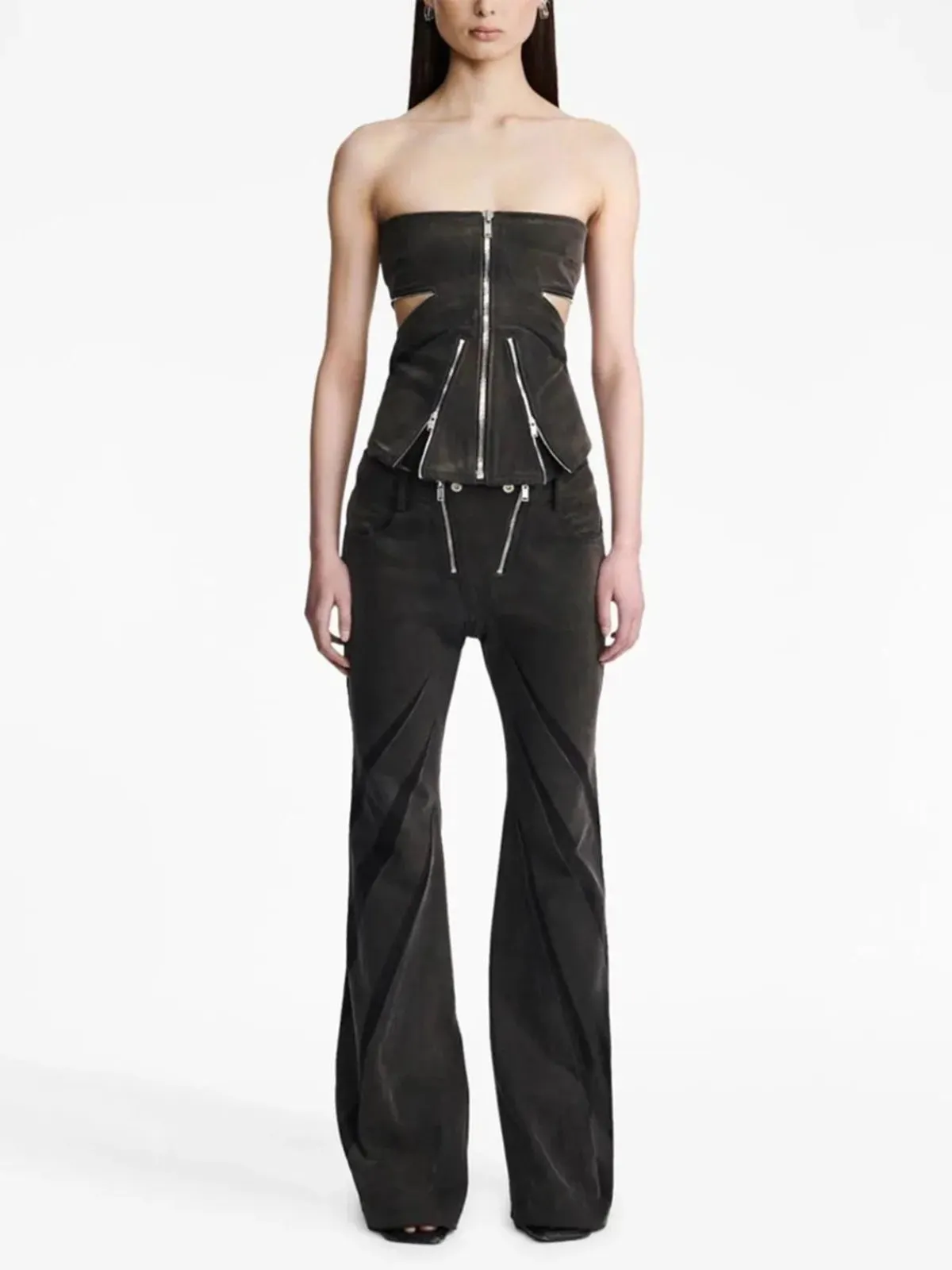 Maxct &Black Denim Tube Top & Patch Jeans Two Piece Set
