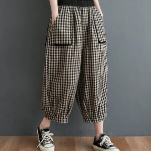 Large Pockets Plaid Elastic Waist Casual Cotton Linen Pants