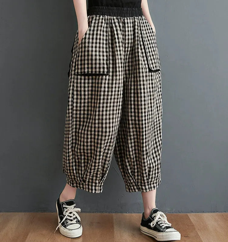 Large Pockets Plaid Elastic Waist Casual Cotton Linen Pants