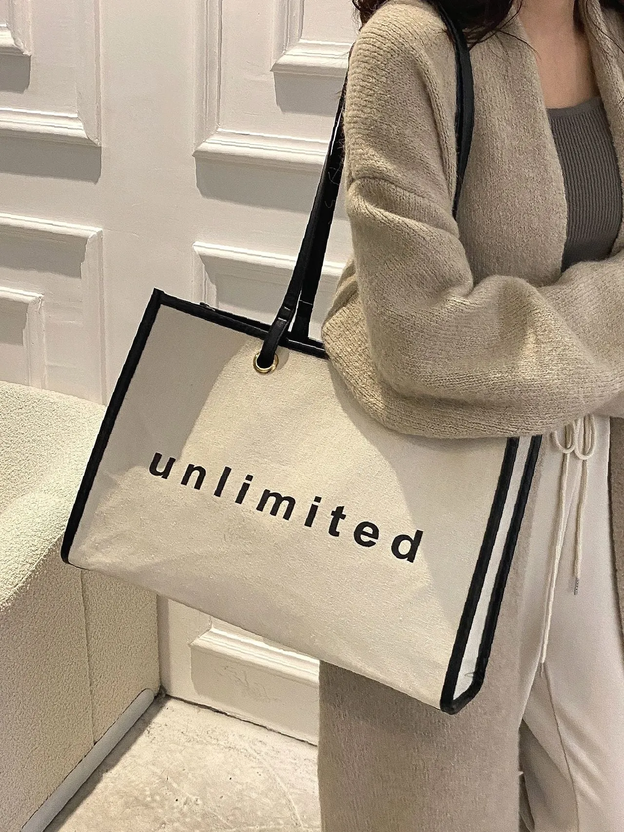 Maxct - Letter Graphic Contrast Binding Shopper Bag  - Women Tote Bags