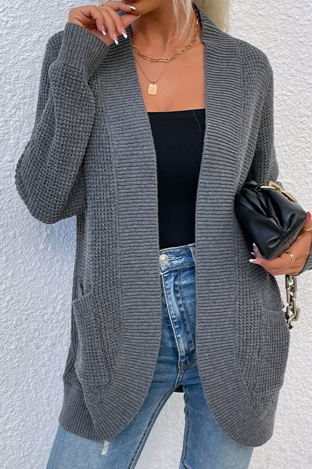 Maxct &Open Front Rib-Knit Cardigan with Pockets